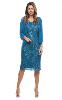 Jesse Harper collection, Style Code JH 0003, Mid length stretch jersey beaded dress with 3/4 chiffon jacket.